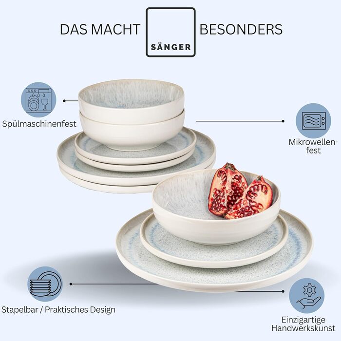 SÄNGER | Santorini Tableware Set, 24-Piece, Dinnerware Set for 8 People, Stoneware Dinner Set, Tableware Service including Dinner Plates, Dessert Plates & Deep Plates, Cream-Colored Dishware with Lavender Blue Gradient, Santorini Tableware Set 24-Piece.