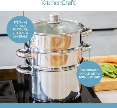 Набір з 3 каструль KitchenCraft з пароваркою, 3-рівневий, з нержавіючої сталі, для індукції, 22 см, сріблястий, у подарунковій коробці