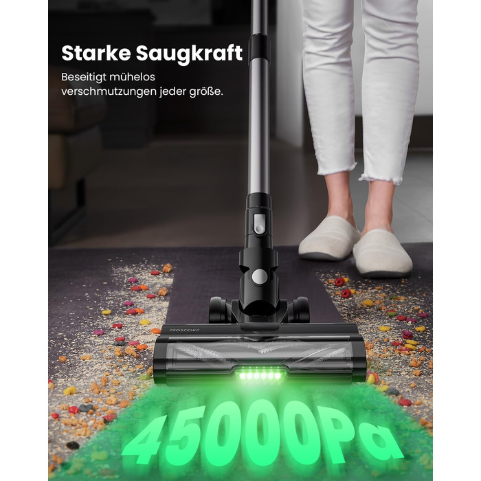 Бездротовий пилосос Proscenic P13: потужний акумуляторний пилосос з 45KPa, 550W, 45 хвилин роботи, сенсорний екран, зелене підсвічування, док-станція, 1.2L, видалення шерсті тварин, для килимів та твердих поверхонь