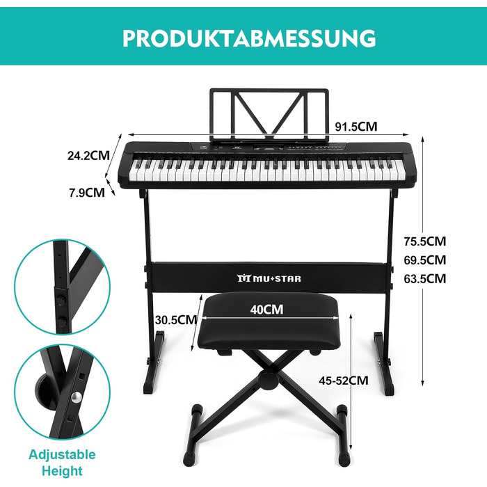 MUSTAR 61-клавішна клавіатура-піаніно для початківців, цифрова клавіатура з підсвічуванням, динаміками, стійкою, табуретом, навушниками, мікрофоном, підставкою для нот, 300 звуками та уроками музики (Чорний)