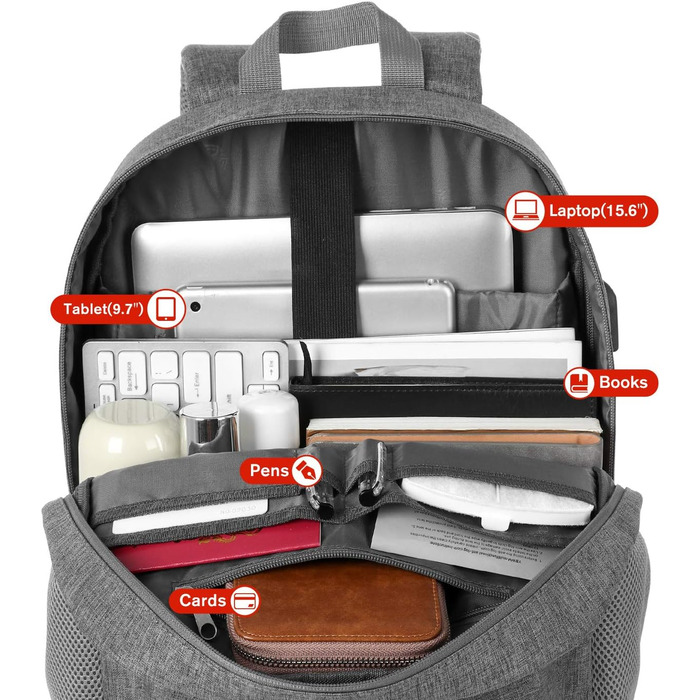 Рюкзак YAMTION 17.3 дюйми (44 см) для чоловіків та жінок, шкільний/університетський, з USB-портом для зарядки, сірий