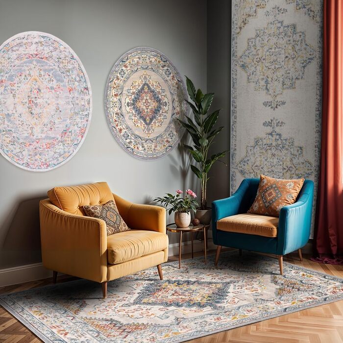 Килим Livabliss Sicily Vintage Sicily Vintage 120x170 см - для вітальні, їдальні, спальні, у стилі бохо, з кольоровим візерунком, блакитний, гірчичний, чорно-блакитний, сірий та гірчичний кольори