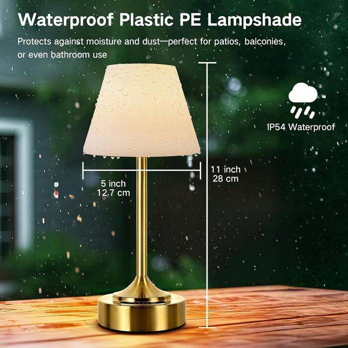 Світлодіодний акумуляторний настільний світильник OUTON 2 шт, USB-C, 3 режими освітлення (3000K-6000K), сенсорне керування, IP54, 53 год, золотий - для ванної, кухні, вулиці