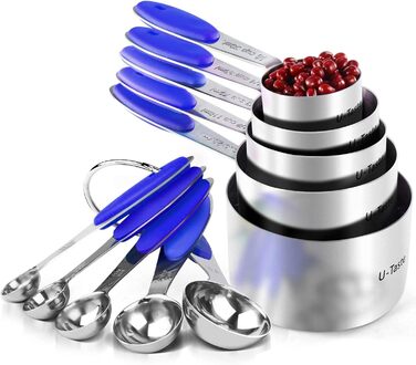Measuring Cups: U-Shape 18/8 Stainless Steel Measuring Cups and Spoon Set with 10 Pieces, Thicker Handle, American (Blue)