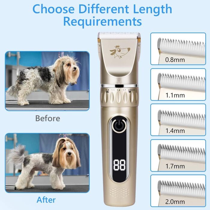 Безшумна машинка для стрижки собак та котів з 2 швидкостями, акумуляторна, бездротова, з 11 насадками, золота