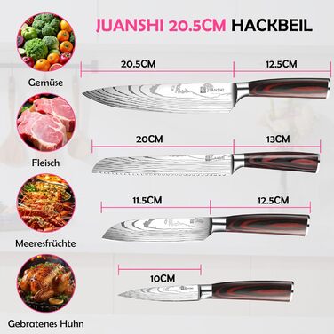 JUANSHI® 4-Piece Knife Set – Professional Kitchen Knife Set made of high-quality stainless steel, sharp blades, including Santoku, Chef's Knife, Bread Knife, and Utility Knife, perfect kitchen accessory