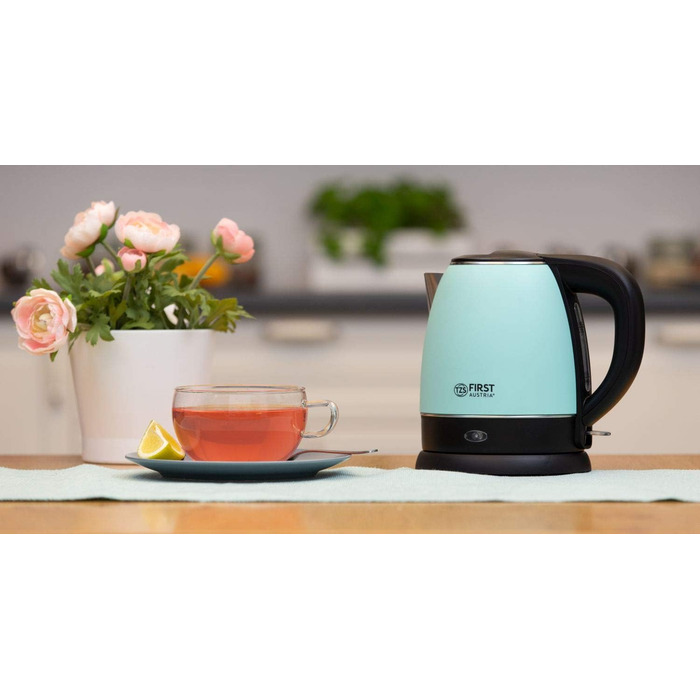 Електричний чайник First Austria Edelstahl, зелено-чорний, 2200W, 1.2л, 20см, з фільтром від накипу, захистом від сухого кипіння, бездротовий