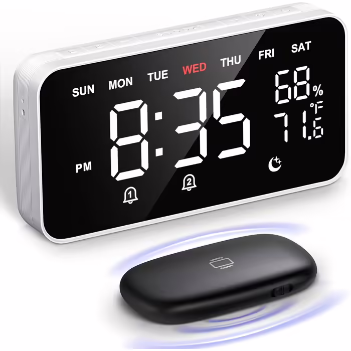 Dekala LED Digital Alarm Clock with Dual Alarms, Temperature & Humidity Sensor, Nightstand Function with Snooze, 12/24h Format, Large Automatically Dimming Display and Digitally Powered Clock