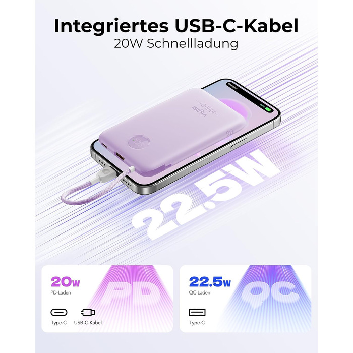Повербанк VIYISI 10000mAh ультратонкий із вбудованим кабелем USB-C, фіолетовий