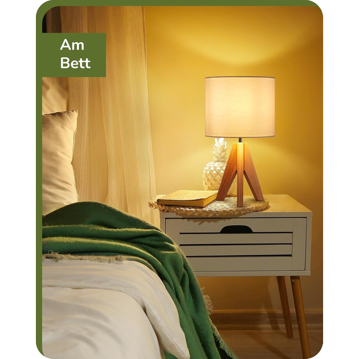 Настільна лампа EDISHINE 2 шт. з дерева, LED, з абажуром з льону кольору бежевого, патрон E27, з лампочкою, вінтажний дизайн, для спальні, вітальні, подарунок