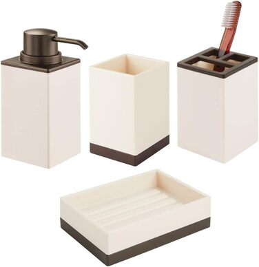 Набір аксесуарів для ванної кімнати mDesign 4-Piece – тримач для зубних щіток, дозатор мила, мильниця та стаканчик, кремово-бронзовий колір, міцний пластик
