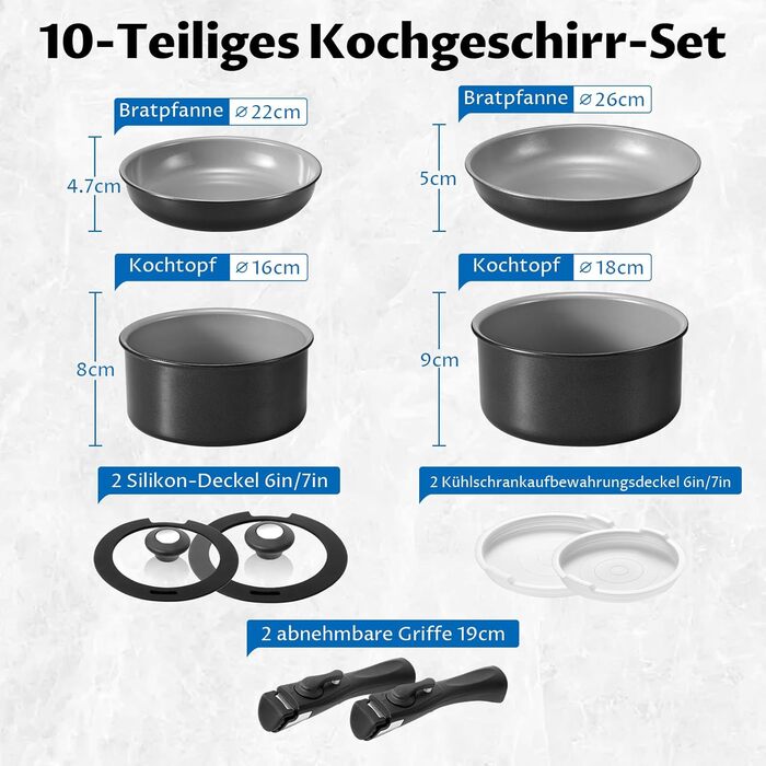 BEZIA Набір каструль та сковорідок з керамічним покриттям, 10 предметів, антипригарне покриття, здорове приготування їжі, для індукційних плит, складений для кемпінгу, сумісний з усіма типами плит, духовка, сірий колір