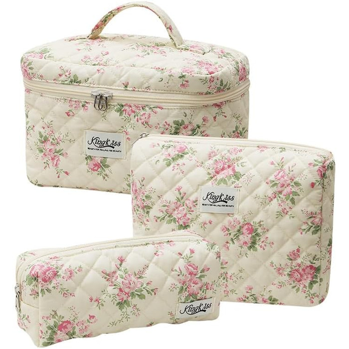 Косметичка для жінок, набір 3 шт. велика бавовняна косметичка для подорожей, органайзер для макіяжу, косметична сумочка з квітковим візерунком (рожева маленька квітка)