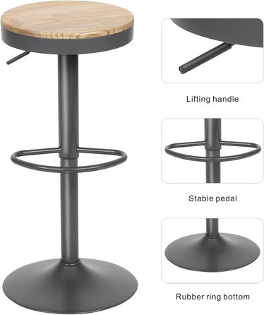 Kidol Adjustable Height Wooden Bar Stool with 360° Swivel - Industrial Modern Design for Kitchen Counter (Grey Wood)