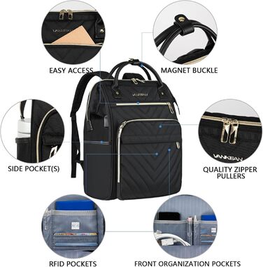 Рюкзак для ноутбука Vankean для жінок 15.6-16.2 дюймів з USB-портом, водонепроникний, для роботи/школи/подорожей, квітковий дизайн (стьобаний чорний)