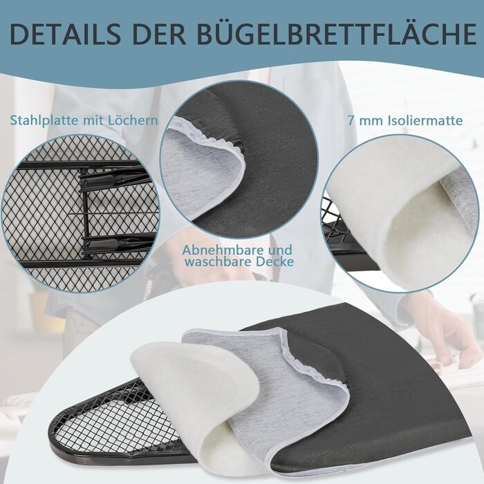 Відкидна прасувальна дошка з підставкою для праски, регульована по висоті, з неслизькими ніжками, компактна, чорна (122 x 38 см)