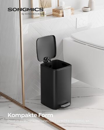 Смітник для ванної кімнати та косметики SONGMICS PLUSHIC, сталевий педальний відро з кришкою Soft-close, 8 л, чорний (LTB590B0602)