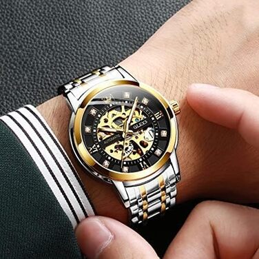 Чоловічий механічний годинник OLEVS Gold Skeleton з автопідзаводом, розкішний сталевий корпус з діамантами, водонепроникний, сріблясто-золотий з чорним циферблатом