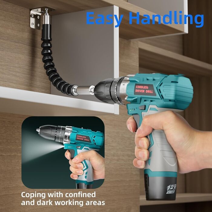 Акумуляторний шуруповерт 12V, 25 Nm, 2×2000mAh, 25+3 ступні крутного моменту, 24 шт. аксесуарів & кейс – для дому, DIY та монтажу меблів RT1028-H