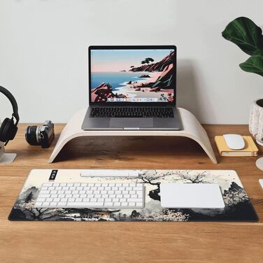 Килимок для миші для геймінгу, чорний, з принтом Канагава, великий, 80 x 30 см, нековзна гумова основа, водонепроникний, з прошитими краями, для геймінгу, офісу, дому