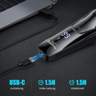 Електричний чоловічий бритва Brightup з 4D-плаваючою головкою, бездротовий LED бритва для вологого та сухого гоління, IPX6 водонепроникний, USB-C зарядка & висувний тример, захист від подорожей, глибокий чорний колір