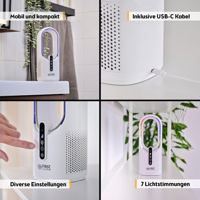 Вентилятор настільний First Austria з акумулятором 2500mAh, USB зарядка, сенсорний дисплей, білий