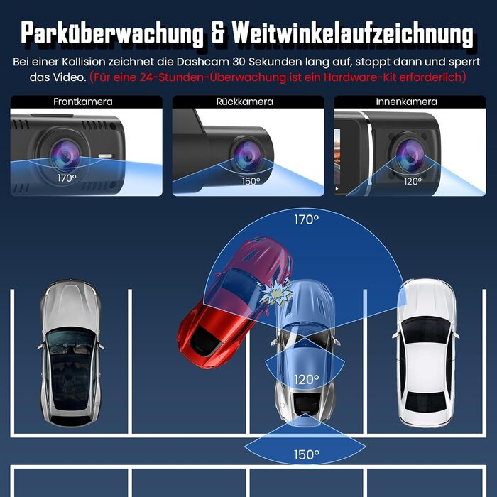 Автомобільний відеореєстратор 4K + 1080P з передньою та задньою камерами, 64GB SD карта, 5GHz WiFi, 1.97