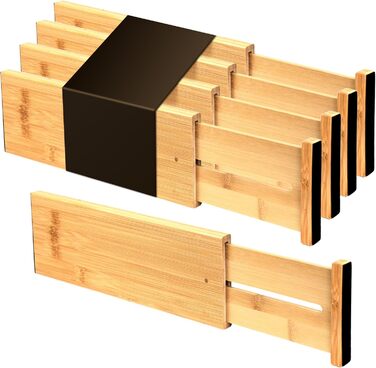 Utoplike Bamboo Adjustable Drawer Divider (4-pack), Large Drawer Organizers with Spring-Loaded for Clothing, Cutlery, Utensils in Kitchen, Bathroom, Bedroom, Baby Drawer, (Natural Color, Small (10H cm))