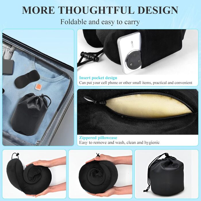 Подушка для шиї у вигляді їжачка Memory Foam для подорожей на літаку, авто, в офіс. З навушниками, маскою для сну та сумкою. Чорна.