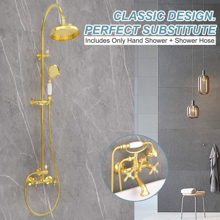 Delnet Classic High-Pressure Showerhead, Chrome, Traditional Telephone Style, Handheld Showerhead and 1.5m Hose (Vintage, Gold)