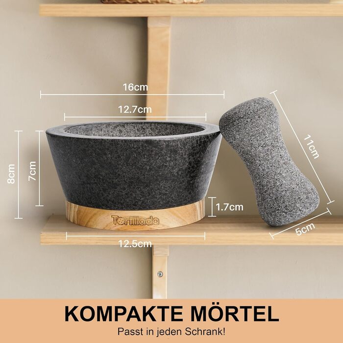 Масивний ступка з товкачем Tortillada 16 см XXL, натуральний граніт, стійка дерев'яна підставка, для спецій, горіхів і трав, 50 рецептів, чорна