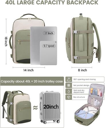 Рюкзак LOVEVOOK для ручної поклажі літака, 40L, водонепроникний, з відділенням для ноутбука 17 дюймів, для подорожей, школи, роботи, кемпінгу (зелений + бежевий + чорна шкіра)