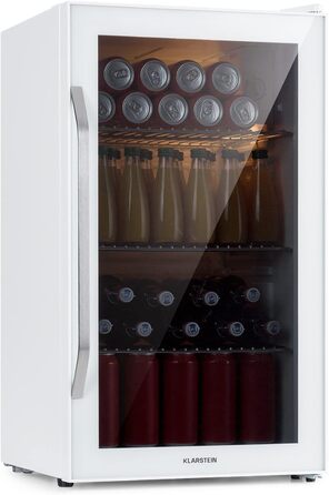 Klarstein Mini Fridge with Glass Door - 80L Compact Beverage Cooler with Adjustable Shelves & Wave Design Racks