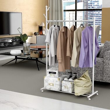 Clothes Rack Clothes Hanger Portable - Rolling Clothes Rack on Wheels With Bottom Shelves (White)