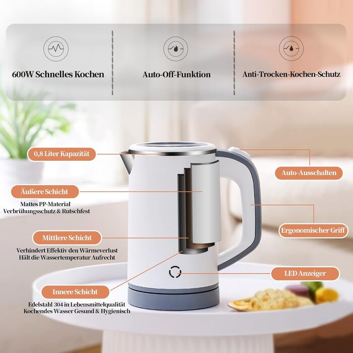 Електричний чайник MiliPow 0.8 л, 600 Вт, для подорожей | З нержавіючої сталі 304 | Швидкий кип'ятіння | Автоматичне вимкнення
