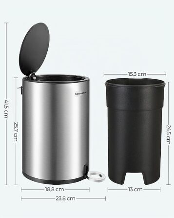Смітник для ванної кімнати SONGMICS PARRI LTB11WT, сталевий з системою Soft-Close та виймаючою ємністю, 3 л, білий