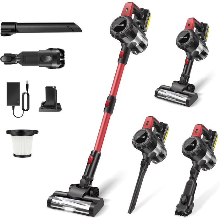 Бездротовий акумуляторний пилосос з антизаплутувальною насадкою, фільтрація 99,999%, для автомобіля та будь-яких поверхонь (червоний, незнімний акумулятор)