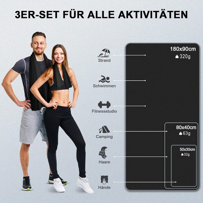 Набір рушників з мікрофібри (3 шт.): 180x90 см, 80x40 см, 50x30 см. Швидкосохнучі, для подорожей, спорту, пляжу. Чорний колір