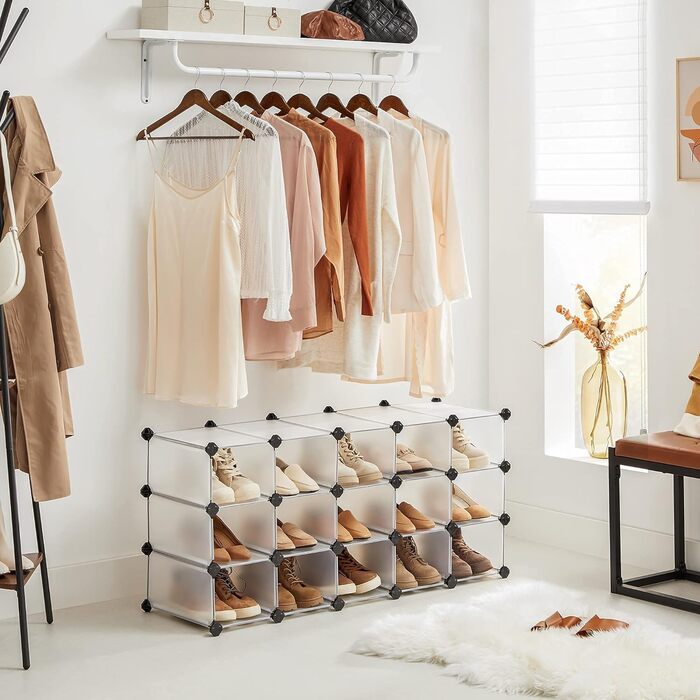 SONGMICS Shoe Rack with 16 Cubes, Interlocking Plastic Shoe Organizer, DIY Storage Cabinet for Closet, Entrance, Bedroom, Garage, Space-Saving Design, 30.5 x 89.9 x 69.8 cm