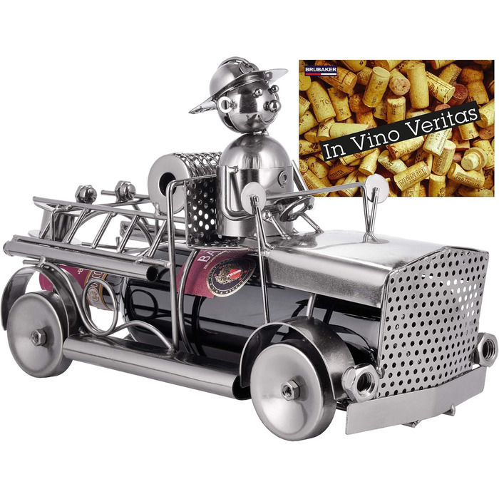 BRUBAKER Wine Bottle Holder Fire Department - Fire Truck Metal Sculpture Bottle Stand - 32 cm Metal Figure Wine Gift for Firefighters - with Greeting Card