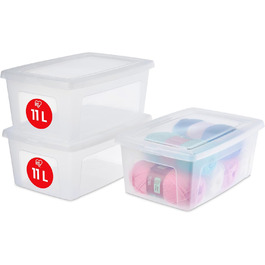 Iris Ohyama Versatile Storage Boxes, Set of 3, Easy-Closing Lid, Stackable, Plastic, For Closet, Shelves, Classroom, Organization, Art Supplies, Shoes, MCB-30 (Transparent, 11L)