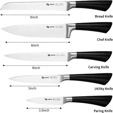 SANHUI 6-Piece Knife Set with 5 Stainless Steel Kitchen Knives and 1 Acacia Wood Magnetic Knife Block – the perfect stylish and beautiful kitchen knife set