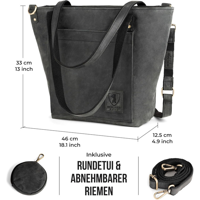 Сумка жіноча шкіряна через плече Berliner Bags Verona, велика шопер-сумка з YKK-блискавкою, темно-сіра