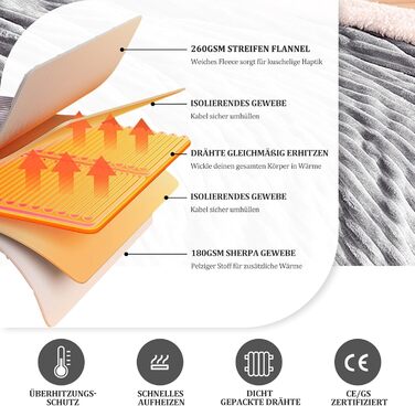 Електрична ковдра з підігрівом YDW 200x180 см з автовимкненням - тепла та затишна ковдра для ліжка, захист від перегріву, пральна, сіра