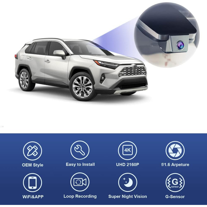 Автомобільний відеореєстратор Fitcamx 4K для Toyota RAV4 2022-2025 (Gen5), OEM стиль, 2160P, WiFi, G-сенсор, Plug&Play, 64GB карта пам'яті, фронтальна камера