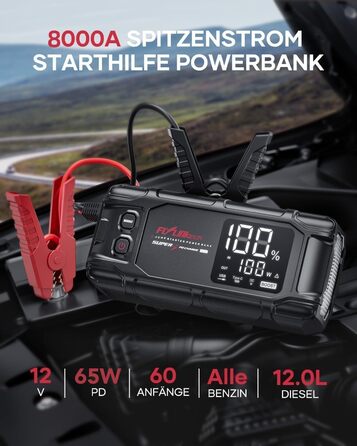 Powerbank Flylinktech 8000A для авто: 26800mAh, 8000A, PD65W, Jump Starter для бензинових та дизельних двигунів (до 12.0L)