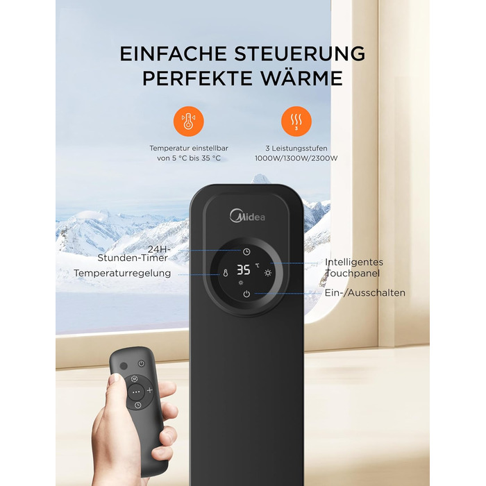 Електричний масляний радіатор Midea 2000W з 9 ребрами, термостатом та захистом від перегріву, тихий нагрівач для дому та офісу, чорний