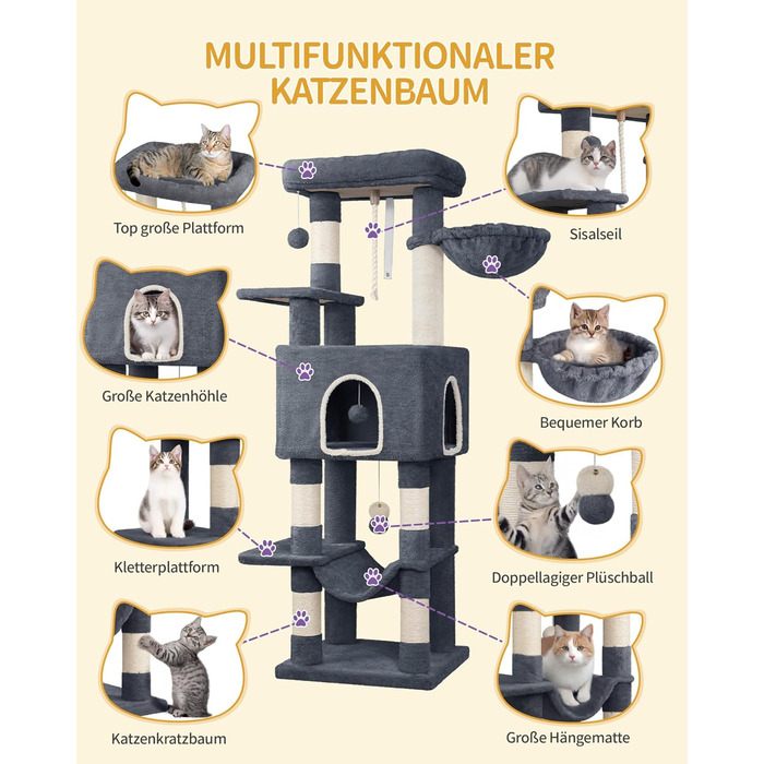 Дерево для котів Hzuaneri, 149 см, з 5 стовпчиками для шліфування, великими платформами, гніздом-хованкою, багатоярусне, з помпонами, MS14918LG (темно-сірий)