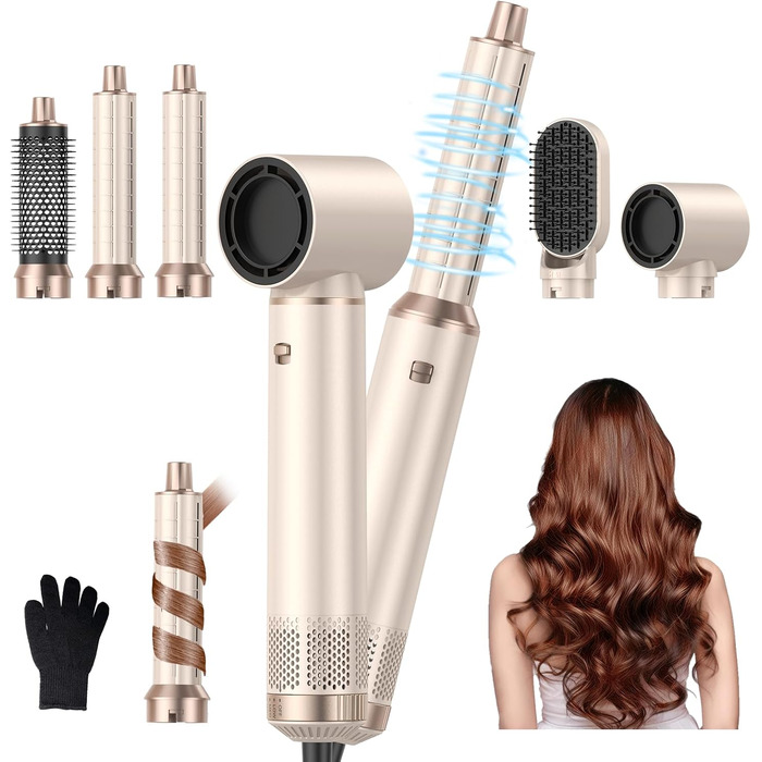 Набір для укладки волосся 5 в 1, фен-щітка, стайлер для локонів, термощітка, зелений (золотий)