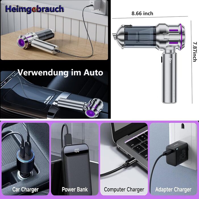 Акумуляторний портативний пилосос Handstaubsauger 22000PA 4-в-1 для авто та дому з HEPA-фільтром